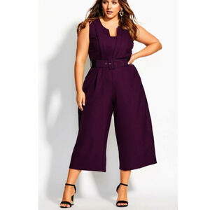 City Chic Veronica Jumpsuit 22 Mulberry Purple Belted Cropped V-Neck Pleated